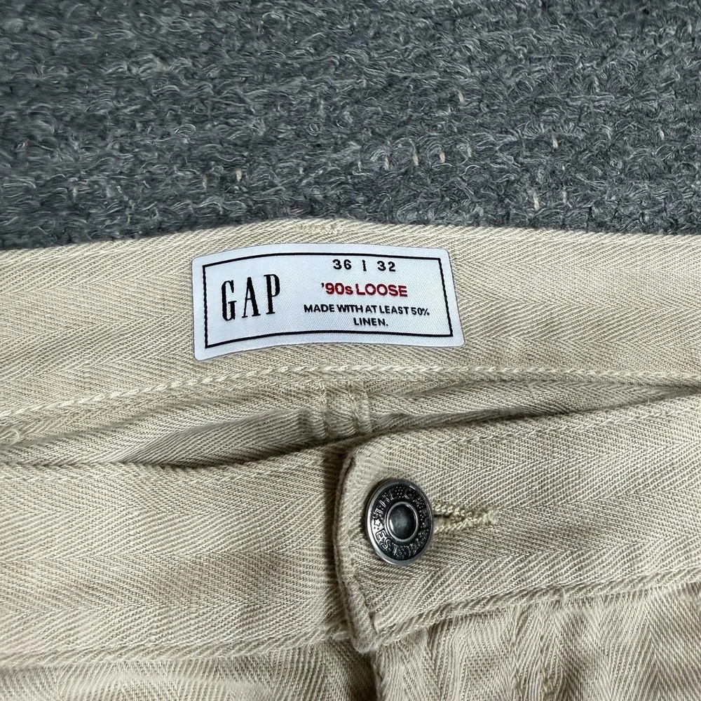 Gap Pants Mens 36x29 Wide Leg 90s Loose Linen Blend Casual Bedrock Beige Baggy